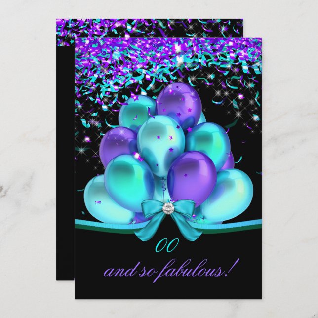 Invitation Fabuleux Balloons Turquoises en eau violette Anniv (Devant / Derrière)