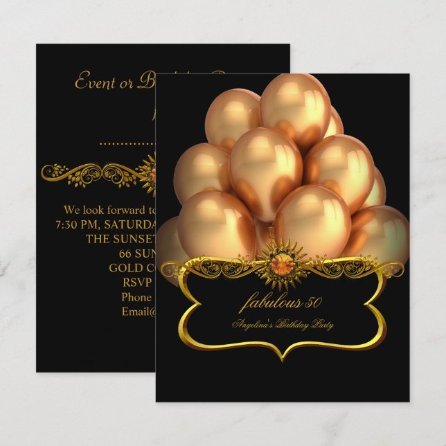 Invitation Fabuleux Black Gold Balloons fête d'anniversaire (Devant / Derrière)