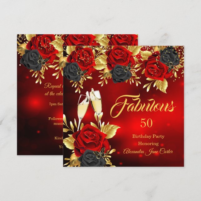 Invitation Fabuleux Champagne Anniversaire Rouge Noir Rose Or (Devant / Derrière)