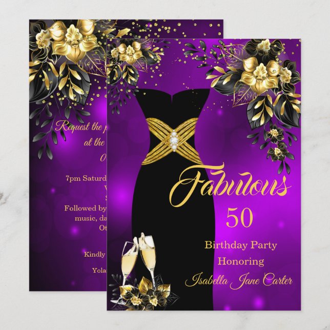Invitation Fabuleux Champagne d'anniversaire Purple Gold Flor (Devant / Derrière)