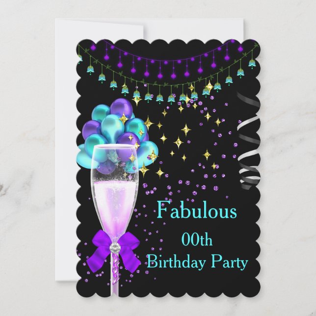 Invitation Fabuleux Champagne violet Turquoise fête d'anniver (Devant)