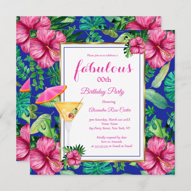 Invitation Fabuleux cocktail tropical fête d'anniversaire flo (Devant / Derrière)