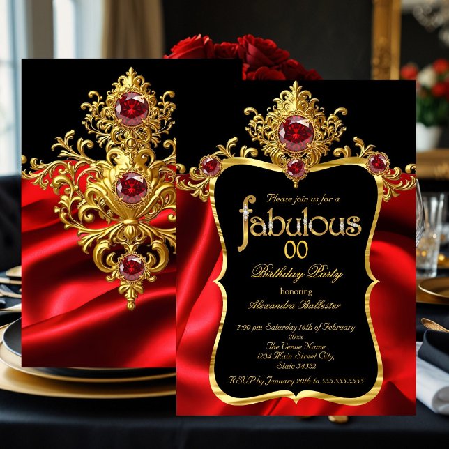 Invitation Fabuleux Elegant Anniversaire Rouge Silk Gold Gems (Créateur téléchargé)