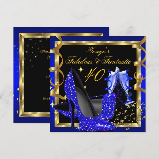 Invitation Fabuleux Fantastic Moderne Royal Blue Black Gold (Devant / Derrière)