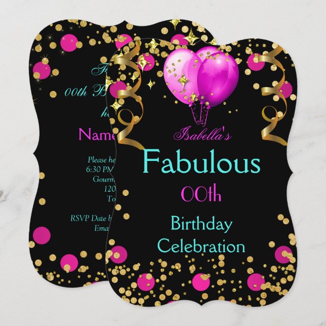 Invitation Fabuleux Hot rose Turquoise bleu fête d'anniversai (Devant / Derrière)