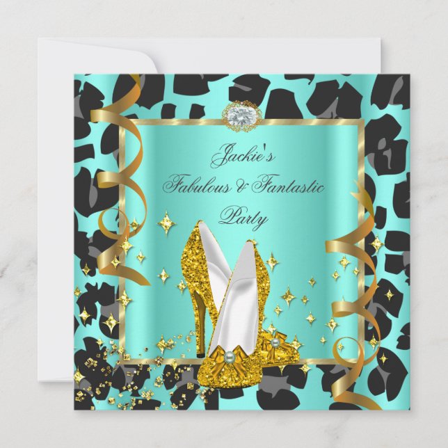 Invitation Fabuleux Leopard Turquoise Jaune d'or fête d'anniv (Devant)