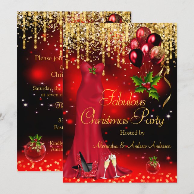 Invitation Fabuleux Noël Fête Rouge Parties scintillant Or (Devant / Derrière)