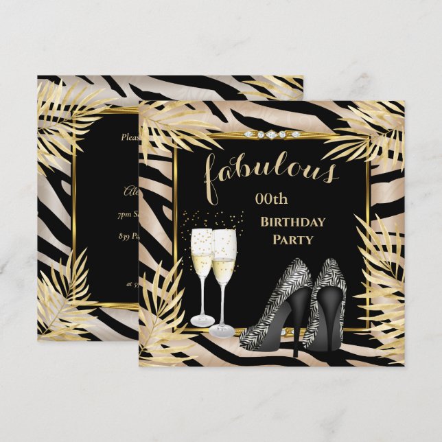 Invitation Fabuleux Palmiers d'or beige zèbre Champagne Party (Devant / Derrière)
