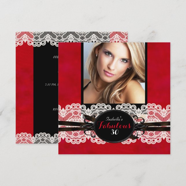 Invitation Fabuleux Red Black Lace fête d'anniversaire (Devant / Derrière)
