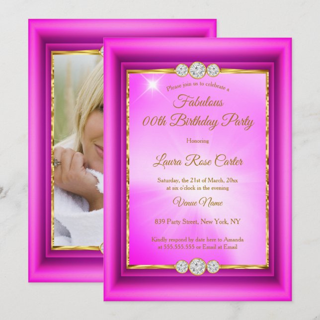 Invitation Fabuleux rose chaud Gold photo Anniversaire (Devant / Derrière)