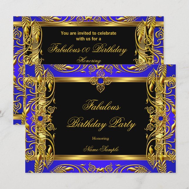 Invitation Fabuleux Royal Blue Black Gold fête d'anniversaire (Devant / Derrière)