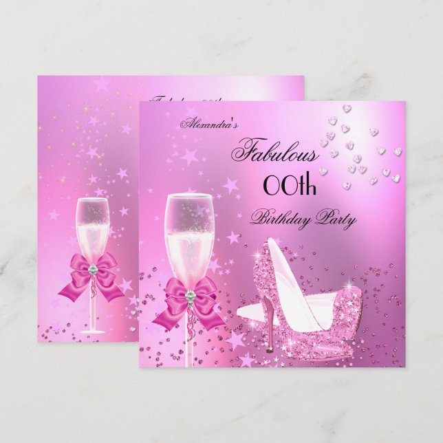 Invitation Fabuleux Shimmer Clair talons roses Anniversaire (Devant / Derrière)