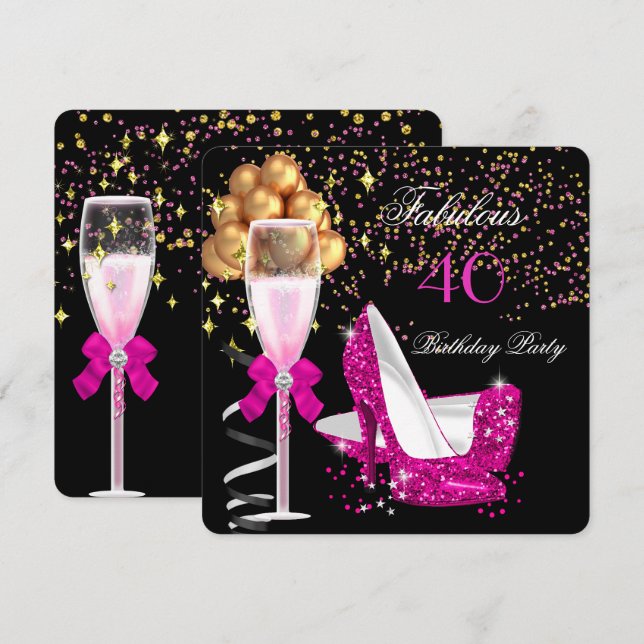 Invitation Fabuleux talons roses chauds Gold Noir fête d'anni (Devant / Derrière)
