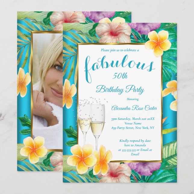Invitation Fabuleux Tropical Turquoise bleu Champagne (Devant / Derrière)