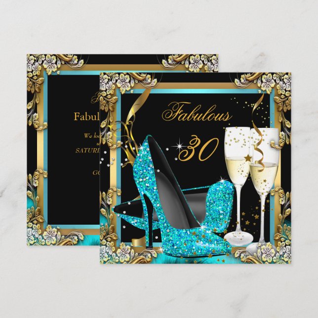 Invitation Fabuleux Turquoise Blue Heels Black Champagne Part (Devant / Derrière)