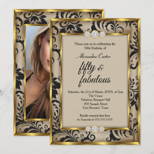 Invitation Fabulos 50 Photo Beige Noir Damassé Or anniversair