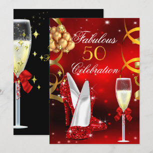 Invitation Fabulosus 50 Red Gold High Heel Champagne Party