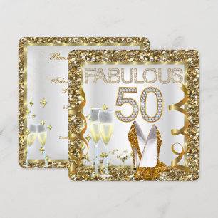 Invitation Fabulous 50 Paillettes Blanc Or Fête d'anniversair