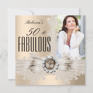 Invitation Fabulous 50 Photo Crème Beige Marron Perle Dentell