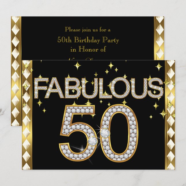 Invitation Fabulous 50 Retro Glamor Hollywood Gold Frame (Devant / Derrière)