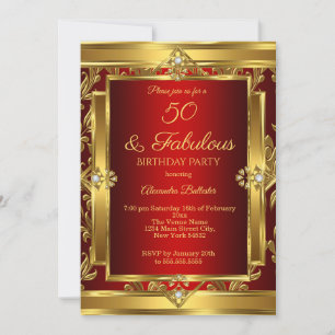 Invitation Fabulous 50 Rouge Or Damassé Fête d'Anniversaire