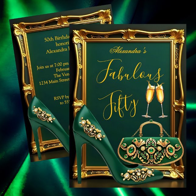 Invitation Fabulous Birthday Emerald gems Heel Champagne Gold (Créateur téléchargé)