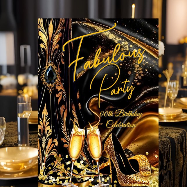Invitation Fabulous Birthday Golden Heels Black Champagne (Créateur téléchargé)