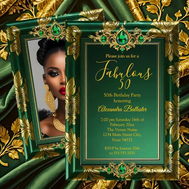 Invitation Fabulous Birthday Photo Emerald Green Gold Jewels (Créateur téléchargé)