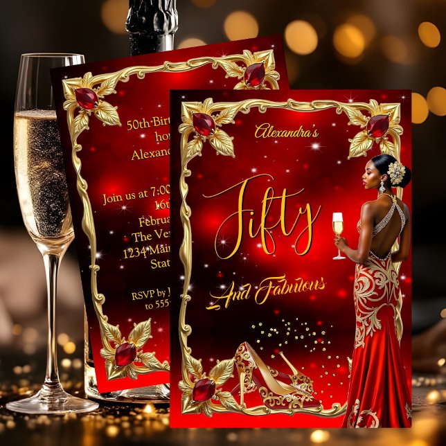 Invitation Fabulous Birthday Red Dress Gold High Heels Ethnic (Créateur téléchargé)