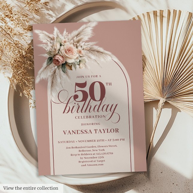 Invitation Fabulous Boho Dusty Pink Pampas Floral Fifty 50th (Fabulous Boho Dusty Pink Pampas Floral Fifty Birthday)