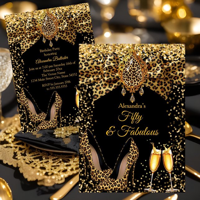 Invitation Fabulous Champagne birthday Leopard Gold Heel Gems (Créateur téléchargé)