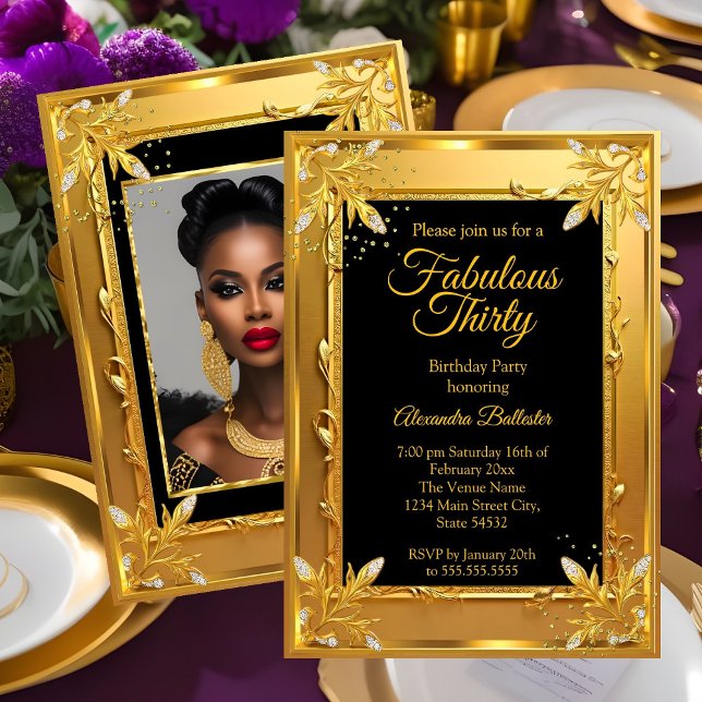 Invitation Fabulous Elegant Birthday Photo Gold Black Jewels (Créateur téléchargé)