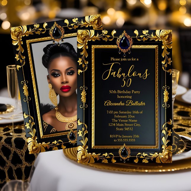 Invitation Fabulous Elegant Birthday Photo Gold Black Jewels (Créateur téléchargé)