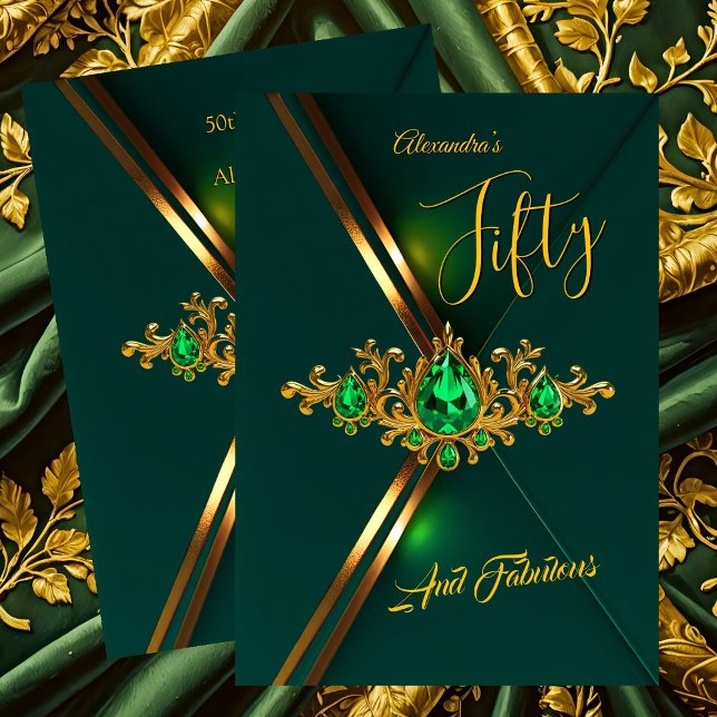 Invitation Fabulous Fifty Birthday Emerald Green Gold Gems (Créateur téléchargé)