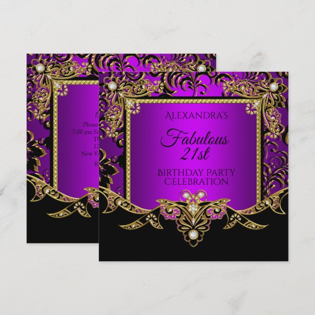 Invitation Fabulous Gold Purple Black 21e fête d'anniversaire (Devant / Derrière)