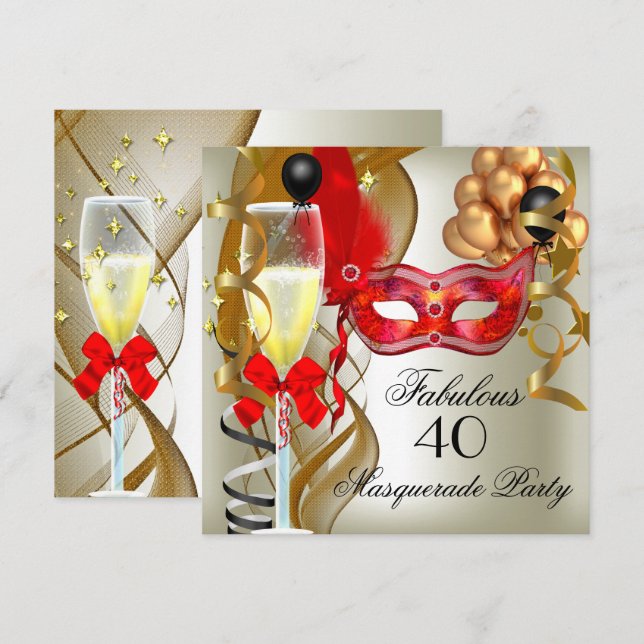 Invitation Fabulous Red Gold Cream Black Masquerade Party (Devant / Derrière)