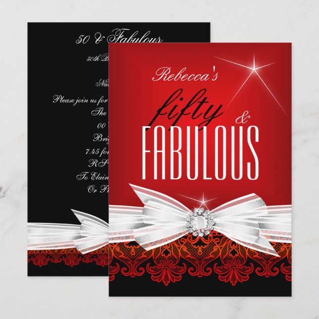 Invitation Fabulous Red Lace Black 50e anniversaire fête (Devant / Derrière)
