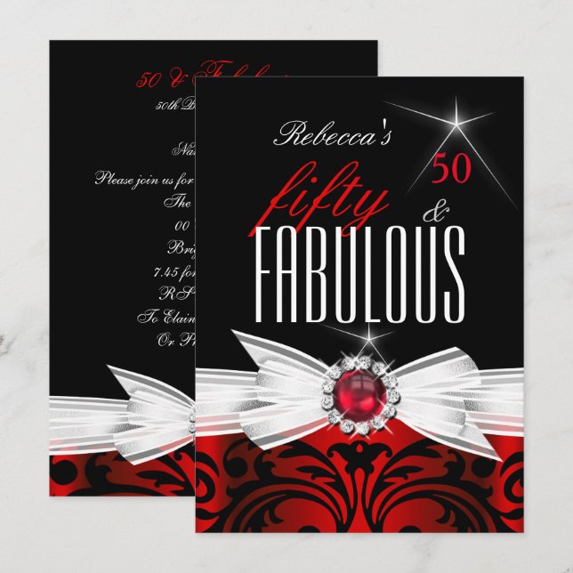 Invitation Fabulous Wild Red Black Damask 50e fête d'annivers (Devant / Derrière)