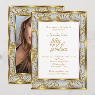Invitation Fabulux 50 ans Photo Damassé Or gris argent annive