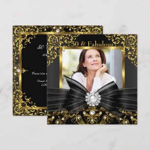 Invitation Fabulux 50 Or Perle Noire Nœud et Damassé Annivers