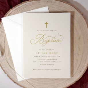 Invitation Faire baptême beige champagne écriture croix