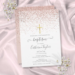 Invitation Faire baptême paillettes or rose moderne