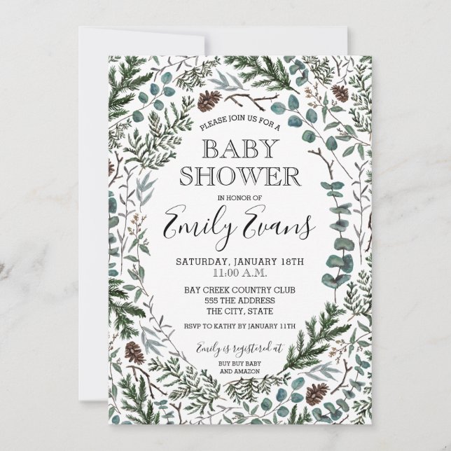 Invitation Faire part de Baby Shower au Pin et à l'Eucalyptus (Devant)