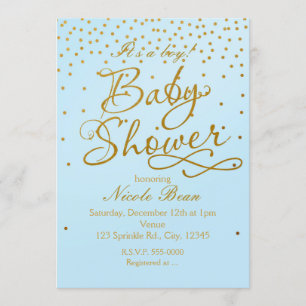 Invitation Faire part de BABY SHOWER bleu clair et or confett