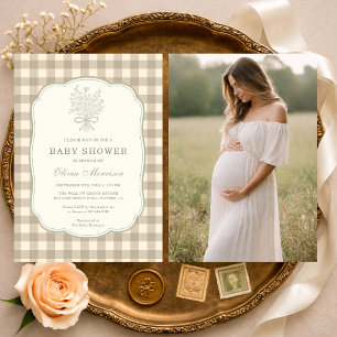Invitation Faire part de Baby Shower Photo Ruban Floral Beige