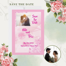 Faire part de date de mariage moderne rose photo p
