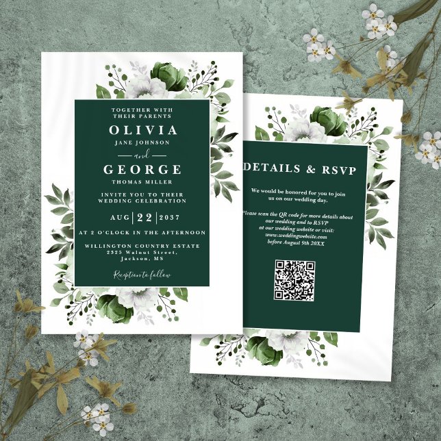 Invitation Faire part de mariage à code QR floral rustique ve (Emerald Green Rustic Floral QR Code Wedding Invitation)