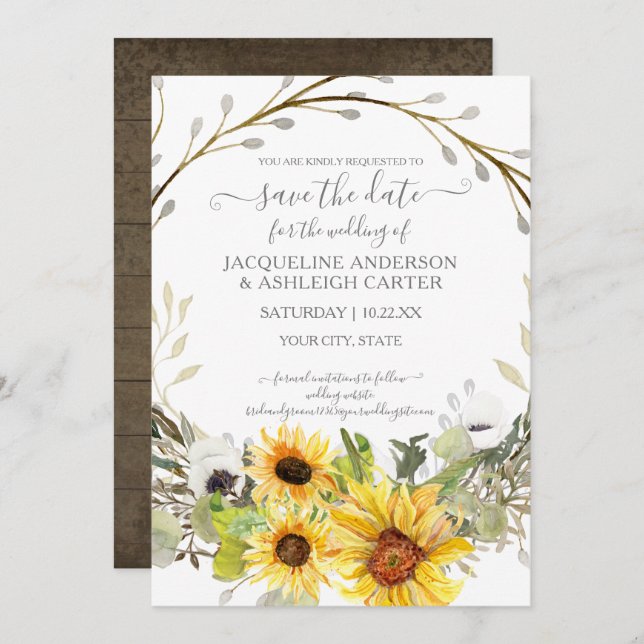 Invitation Faire part de mariage aquarelle fleuri Soleil rust (Devant / Derrière)
