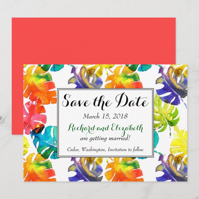 Invitation Faire part de mariage aux feuilles tropicales aqua (Devant / Derrière)