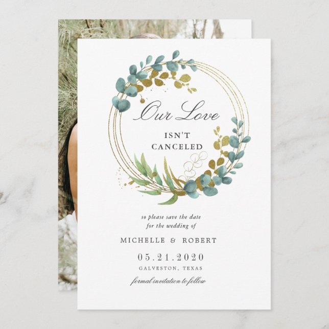 Invitation faire part de mariage avec eucalyptus doré (Devant / Derrière)